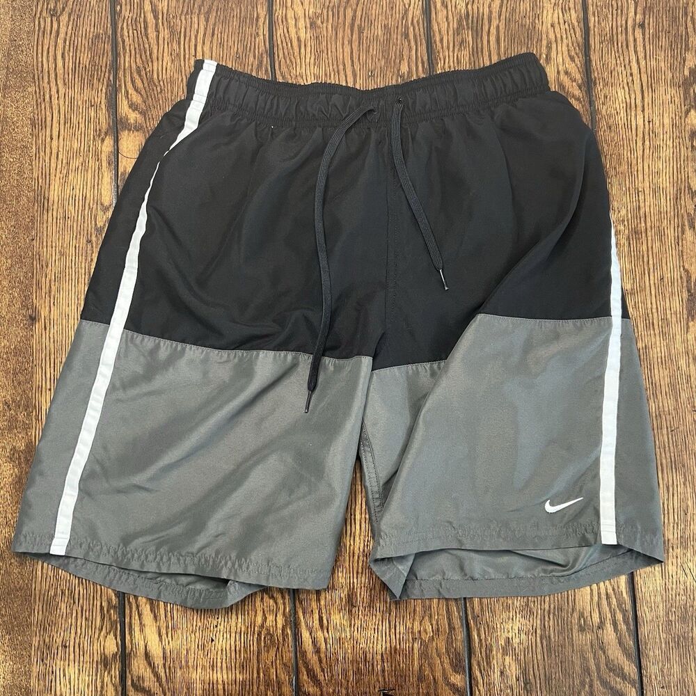 Nike Mens M Swim Trunks Black Gray Colorblock Drawstring Lined Athletic Shorts